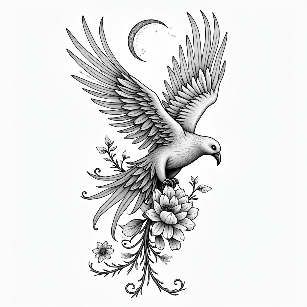 Custom tattoo project: “Renaissance & Children”
General theme:
A stylized phoenix, symbol of rebirth, transformation, and inner strength. The style is fine, feminine, and modern, with soft and elegant lines. The tattoo starts from the inside of the arm (bicep) and slightly rises towards the front of the arm.
⸻
Main elements:
1. The phoenix:
• Stylized body, wings slightly spread.
• Fluid, moving feathers.
• No thick lines, but a continuous, artistic line.
2. Vegetal:
• Delicate lotus and magnolia flowers entwined around the body of the phoenix.
• Fine vines or foliage climbing along the arm to add rhythm and softness.
⸻
Symbols of the children integrated into the design:
• For Margot (born 10/05/2016): A small lotus flower in full bloom, placed near a wing of the phoenix, with the letter “M”.
• For William (born 07/04/2015): A feather that transforms into a constellation, integrated into the tail of the phoenix. The outline of the feather contains the letter “W”.higly detailed tattoo - Variation 4