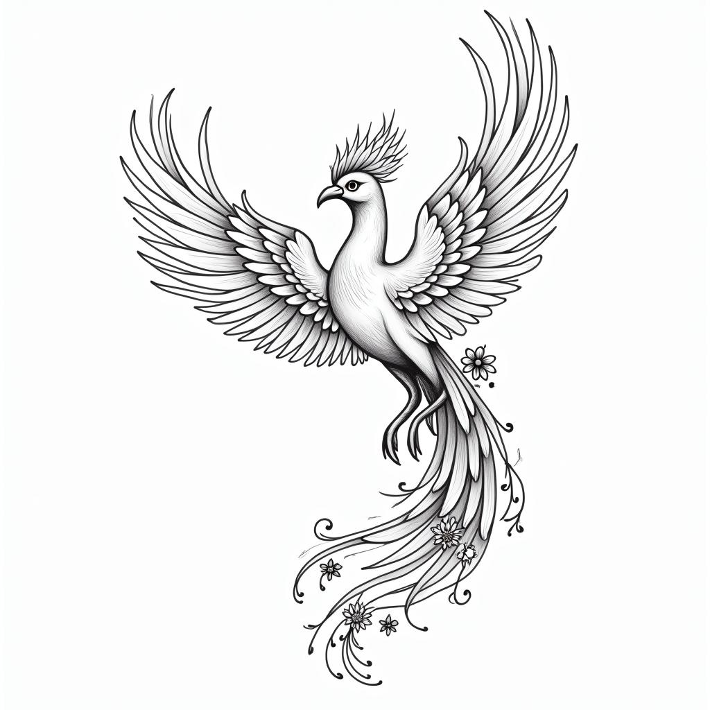 Custom tattoo project: “Renaissance & Children”
General theme:
A stylized phoenix, symbol of rebirth, transformation, and inner strength. The style is fine, feminine, and modern, with soft and elegant lines. The tattoo starts from the inside of the arm (bicep) and slightly rises towards the front of the arm.
⸻
Main elements:
1. The phoenix:
• Stylized body, wings slightly spread.
• Fluid, moving feathers.
• No thick lines, but a continuous, artistic line.
2. Vegetal:
• Delicate lotus and magnolia flowers entwined around the body of the phoenix.
• Fine vines or foliage climbing along the arm to add rhythm and softness.
⸻
Symbols of the children integrated into the design:
• For Margot (born 10/05/2016): A small lotus flower in full bloom, placed near a wing of the phoenix, with the letter “M”.
• For William (born 07/04/2015): A feather that transforms into a constellation, integrated into the tail of the phoenix. The outline of the feather contains the letter “W”.higly detailed tattoo - Variation 3