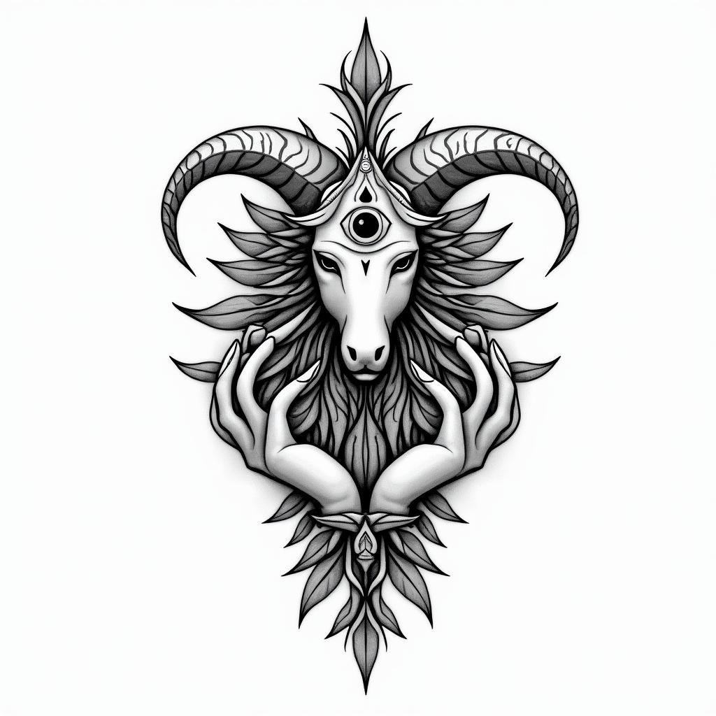 Capricorn wife lovein spiritual symbols tattoo style, featuring an intricate design incorporating elements, Hamsa hand, third eye, minimalist composition - Variation 3