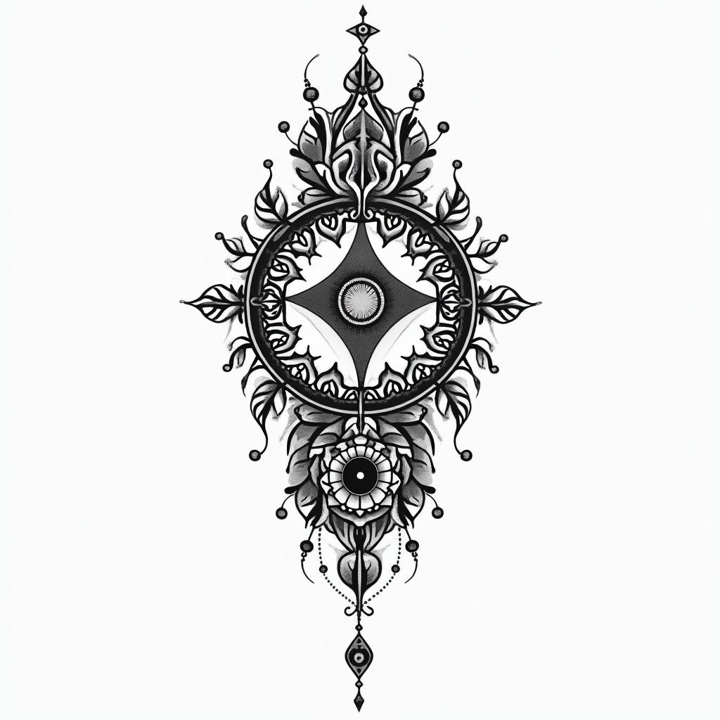 Capricorn wife lovein spiritual symbols tattoo style, featuring an intricate design incorporating elements, Hamsa hand, third eye, minimalist composition - Variation 2