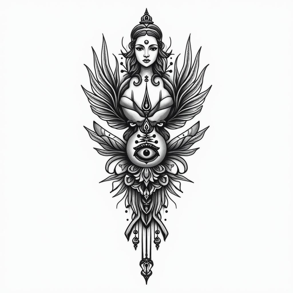 Capricorn wife lovein spiritual symbols tattoo style, featuring an intricate design incorporating elements, Hamsa hand, third eye, minimalist composition - Variation 4