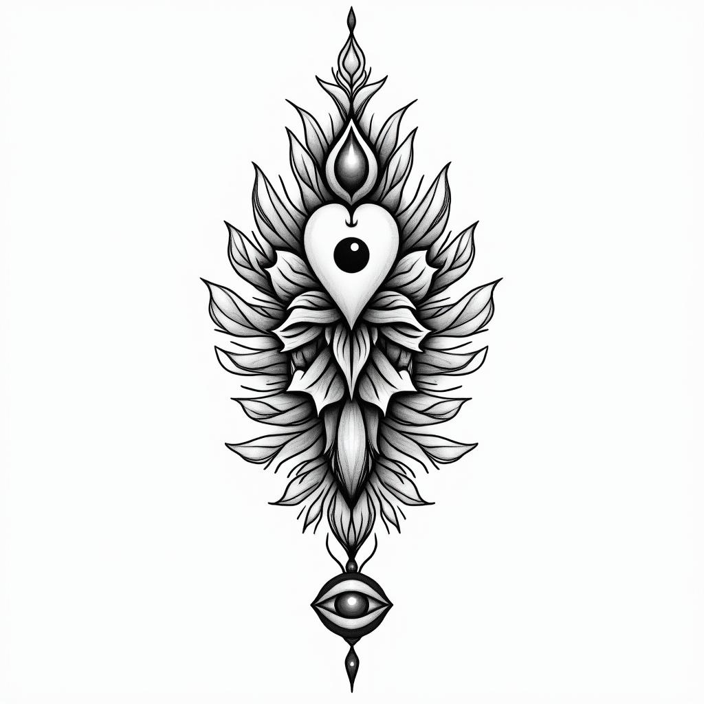 Capricorn wife lovein spiritual symbols tattoo style, featuring an intricate design incorporating elements, Hamsa hand, third eye, minimalist composition