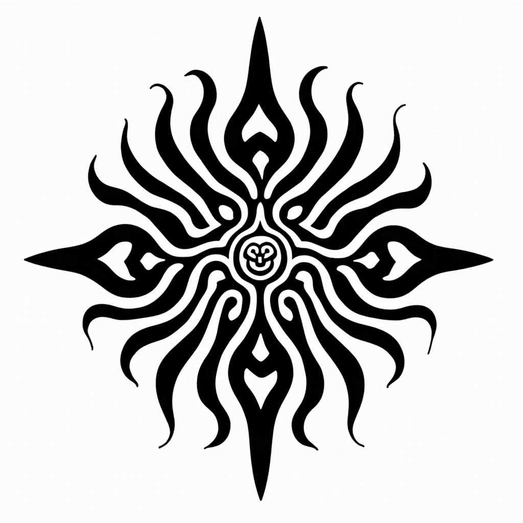 Blazing sunin tribal tattoo style, featuring bold and black geometric shapes, curved lines, intertwine and flow seamlessly, creating a powerful and symbolic design, polynesian and maori styles