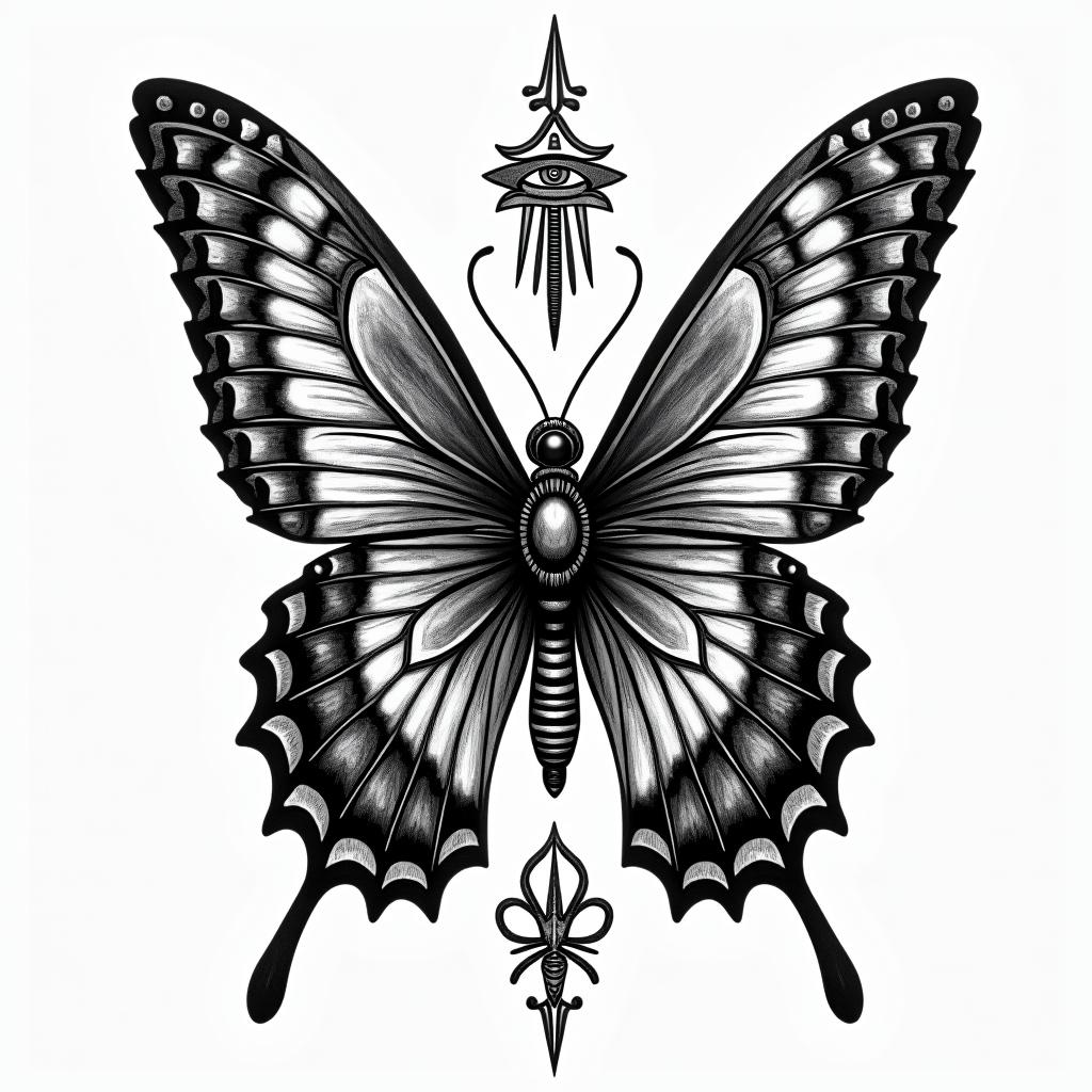 Butterfly with intricate patterns on its wingsin egyptian style tattoo, bold elements of ancient egyptian culture including a portrait of an Egyptian pharaoh with detailed facial features, in hieroglyphs and symbolic imagery, eye of horus, ankh symbol, scarab beetle - Variation 1