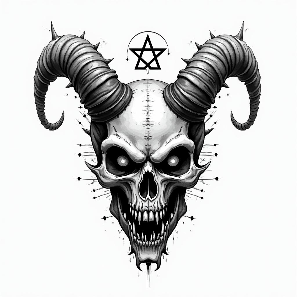 Capricorn life lovecreepy horror tattoo style, featuring an eerie and unsettling skull of a demonic creature, distorted face with sharp fangs, add pentagram symbol - Variation 3