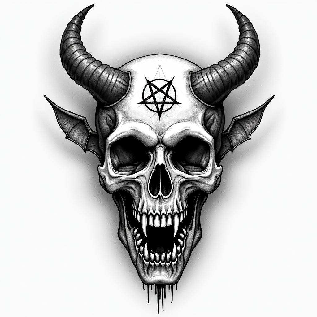 Capricorn life lovecreepy horror tattoo style, featuring an eerie and unsettling skull of a demonic creature, distorted face with sharp fangs, add pentagram symbol - Variation 4
