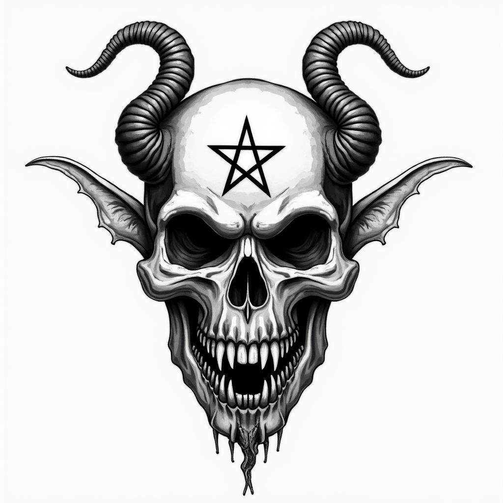 Capricorn life lovecreepy horror tattoo style, featuring an eerie and unsettling skull of a demonic creature, distorted face with sharp fangs, add pentagram symbol