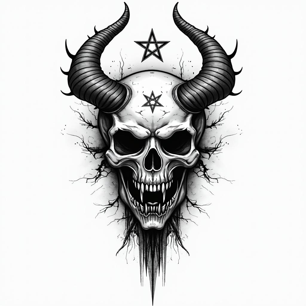 Capricorn life lovecreepy horror tattoo style, featuring an eerie and unsettling skull of a demonic creature, distorted face with sharp fangs, add pentagram symbol - Variation 2