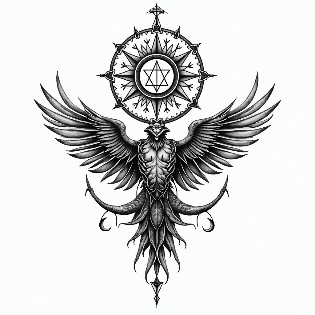 Capricorn wife lovein paganic style tattoo, featuring ancient symbols, add vegvisir symbol, mystical figures, incorporating designs, pentagrams, runes, crescent moons, - Variation 2