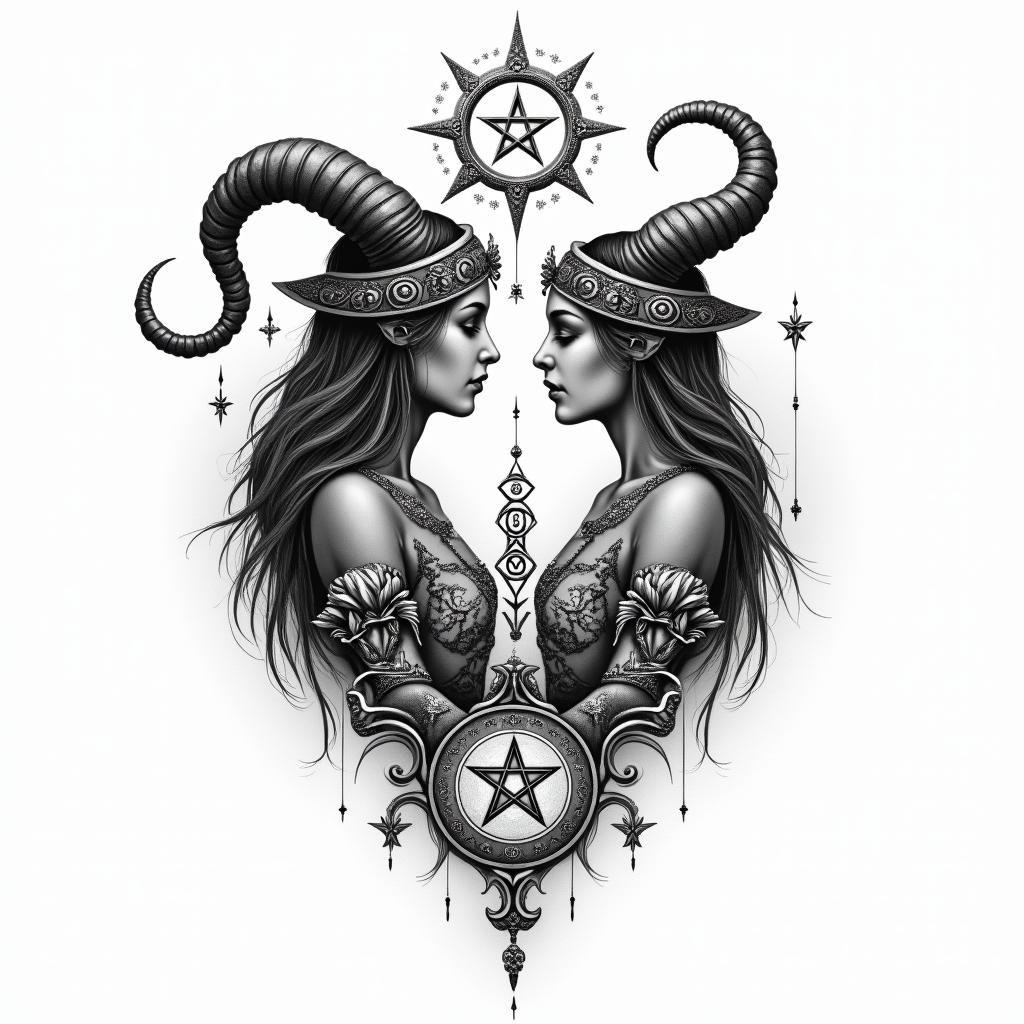 Capricorn wife lovein paganic style tattoo, featuring ancient symbols, add vegvisir symbol, mystical figures, incorporating designs, pentagrams, runes, crescent moons, - Variation 1