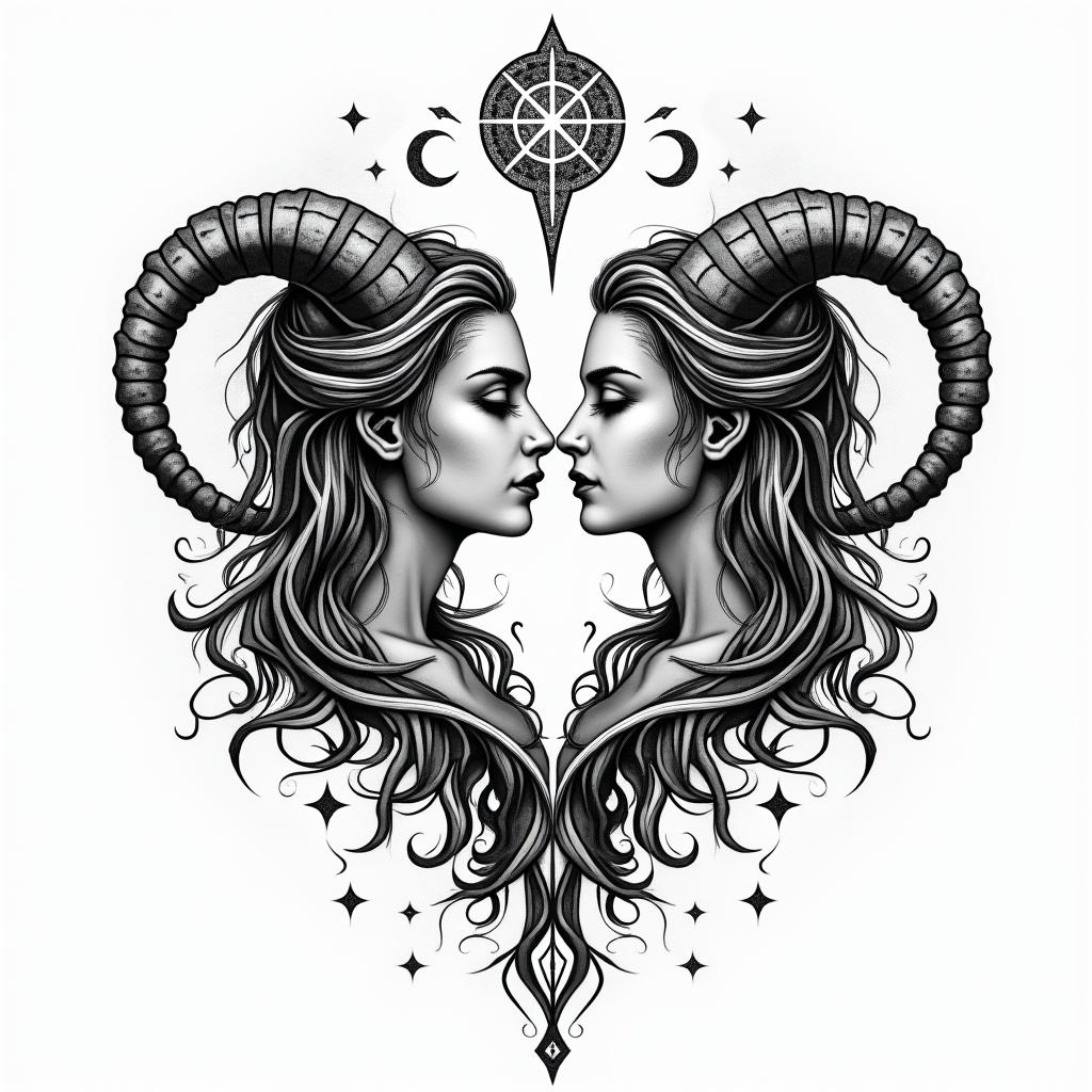 Capricorn wife lovein paganic style tattoo, featuring ancient symbols, add vegvisir symbol, mystical figures, incorporating designs, pentagrams, runes, crescent moons, - Variation 4