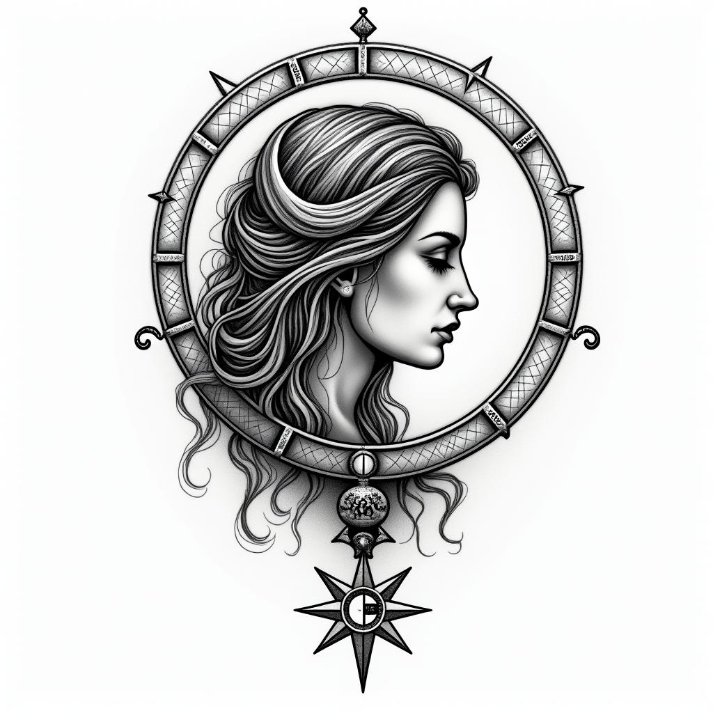 Capricorn wife lovein paganic style tattoo, featuring ancient symbols, add vegvisir symbol, mystical figures, incorporating designs, pentagrams, runes, crescent moons, - Variation 3