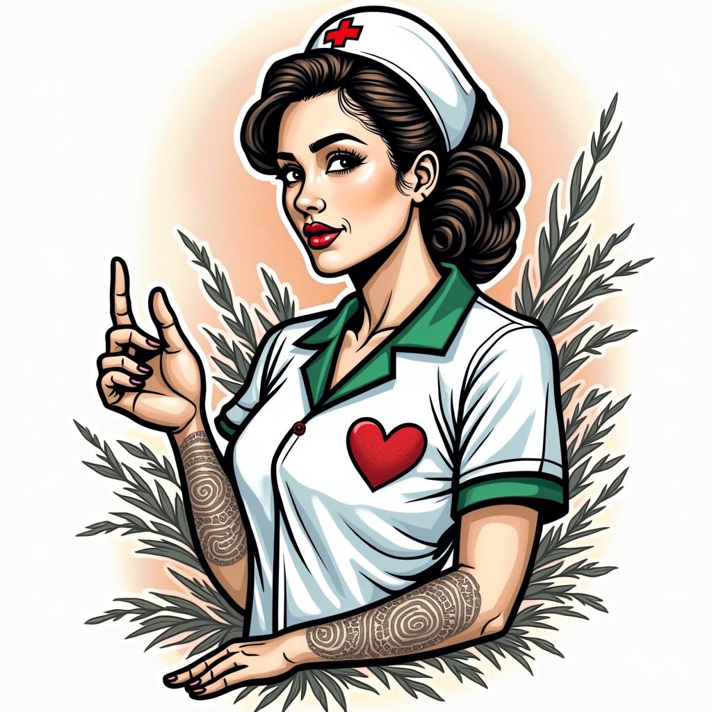 Nursein pop art style tattoo, featuring bold and vibrant colors, exaggerated outlines, iconic imagery, inspired by comic books and speech bubbles, comic book characters, retro pop culture - Variation 4