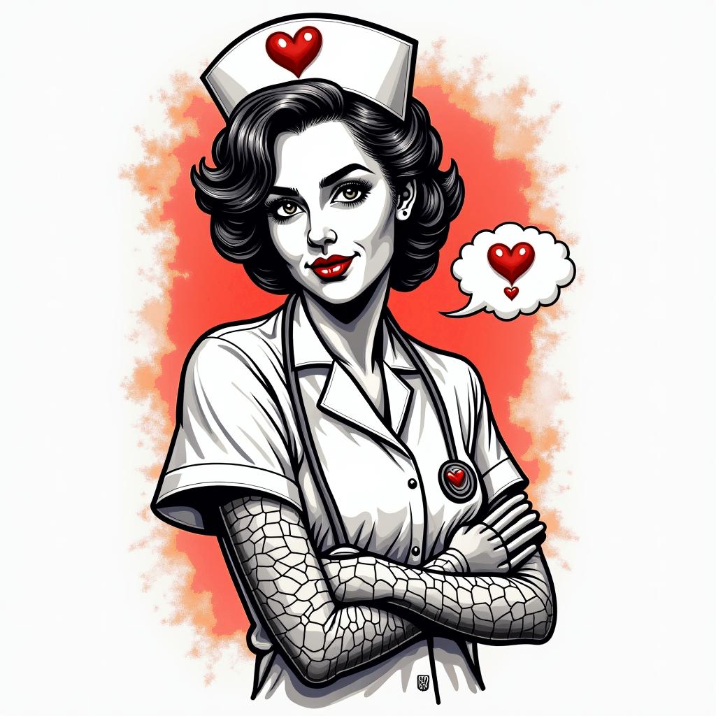 Nursein pop art style tattoo, featuring bold and vibrant colors, exaggerated outlines, iconic imagery, inspired by comic books and speech bubbles, comic book characters, retro pop culture - Variation 2