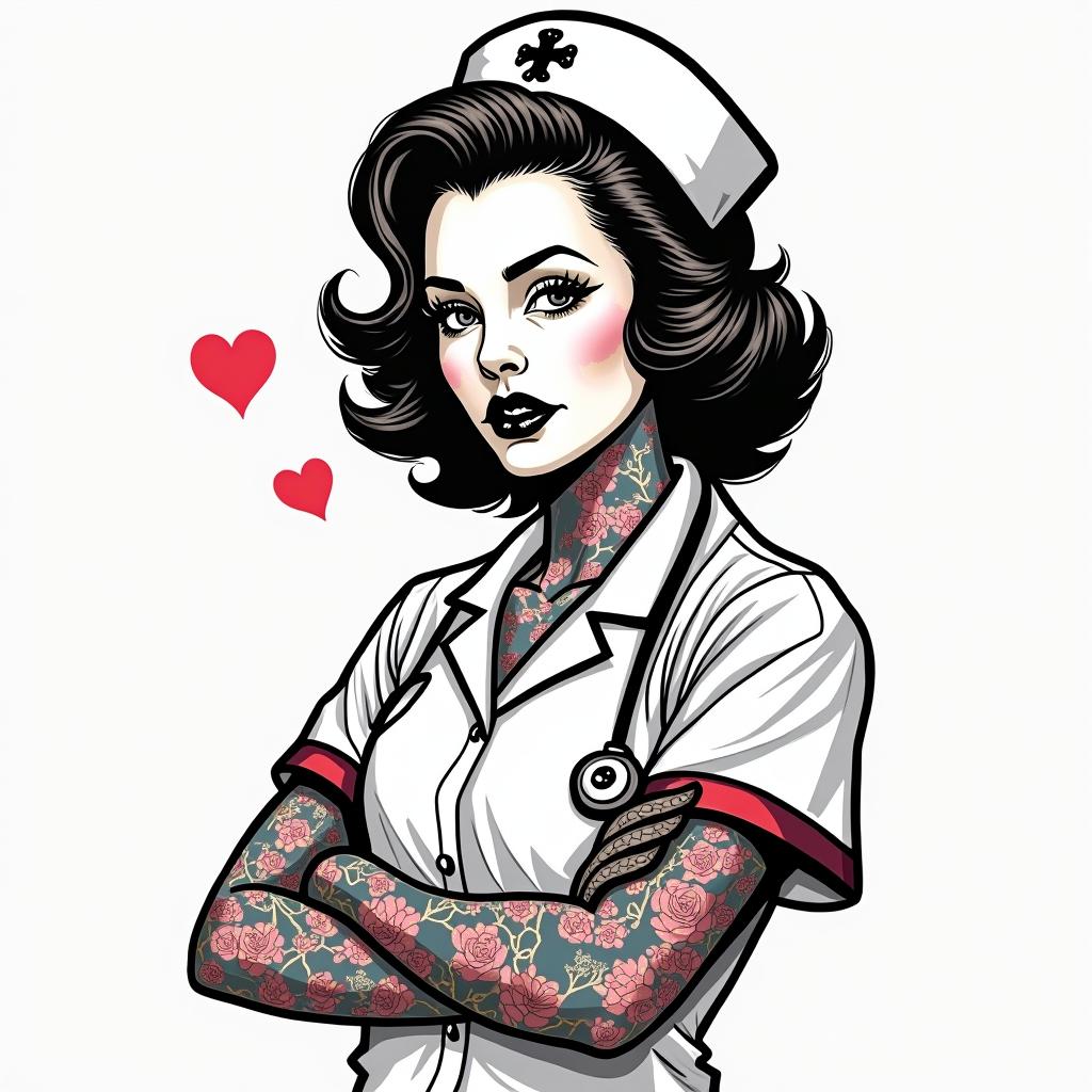 Nursein pop art style tattoo, featuring bold and vibrant colors, exaggerated outlines, iconic imagery, inspired by comic books and speech bubbles, comic book characters, retro pop culture - Variation 3