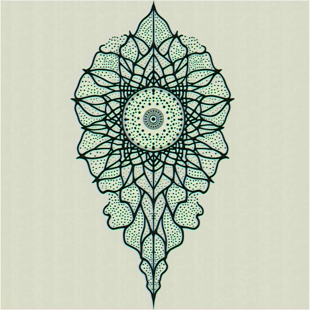 Feminine, Pisces, line and dotin dotwork style tattoo, complex mandala patterns, interlocking geometric shapes with sharp symmetry, clean lines, sharp angles - Variation 4