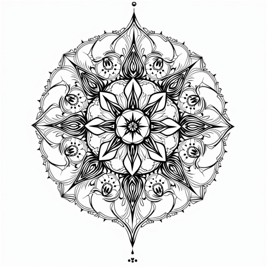 Feminine, Pisces, line and dotin dotwork style tattoo, complex mandala patterns, interlocking geometric shapes with sharp symmetry, clean lines, sharp angles - Variation 3