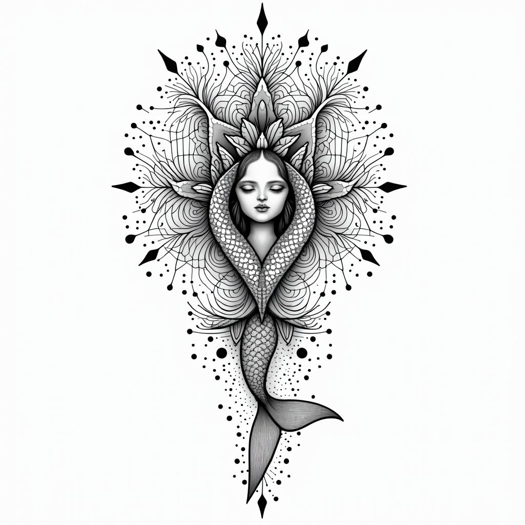 Feminine, Pisces, line and dotin dotwork style tattoo, complex mandala patterns, interlocking geometric shapes with sharp symmetry, clean lines, sharp angles - Variation 1