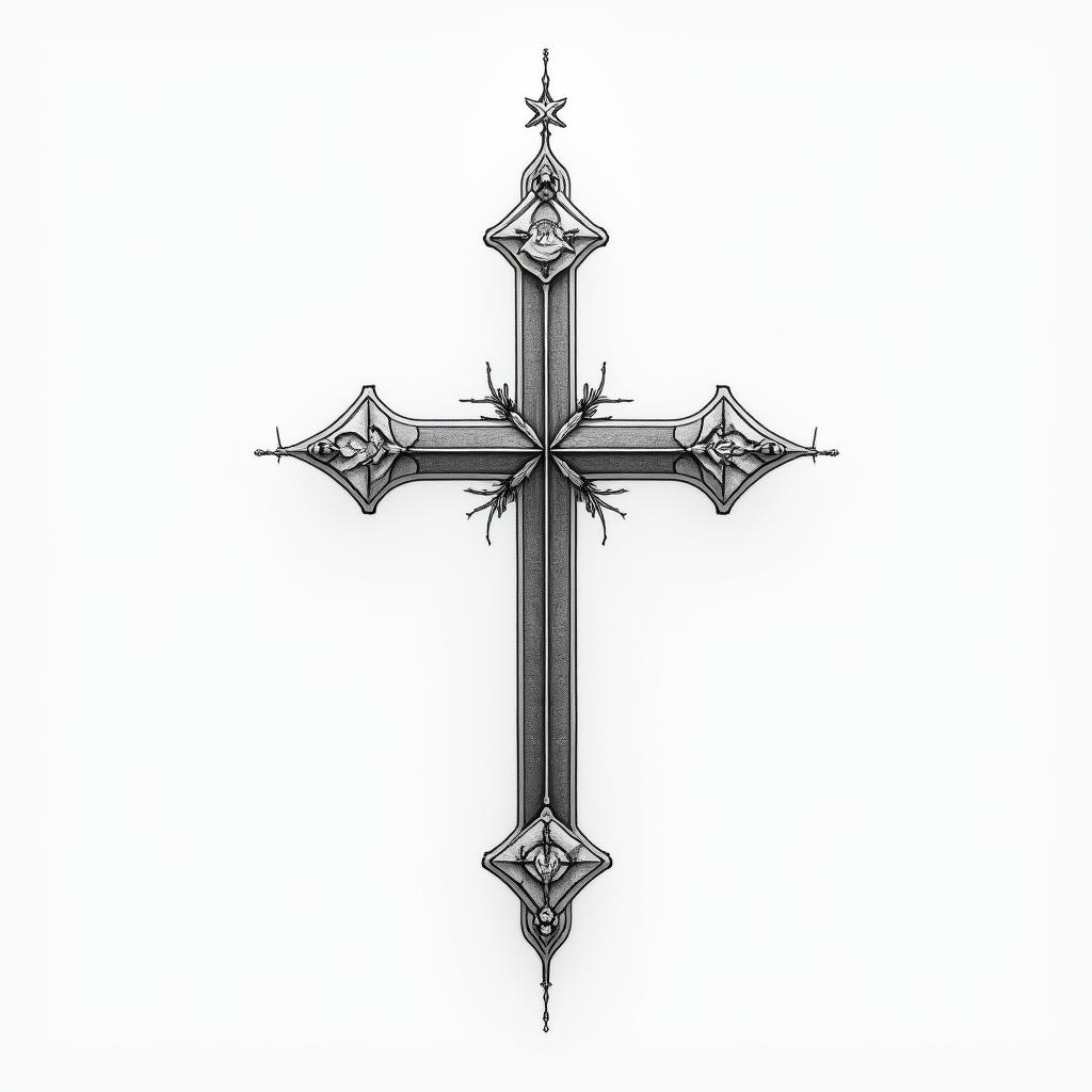 Make a for a Tattoo idea that has The catholic cross at the centre , the Astrology Taurus on the bottom right, the Chinese Astrology Snake on the bottom left and the Yoga Ohm sign on the top of the cross , using fine line technique in minimalist style tattoo, featuring simple shapes and fine lines, with minimal shading and details, tiny triangles, creating a sense of balance and harmony - Variation 2