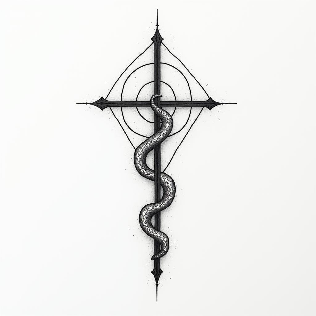 Make a for a Tattoo idea that has The catholic cross at the centre , the Astrology Taurus on the bottom right, the Chinese Astrology Snake on the bottom left and the Yoga Ohm sign on the top of the cross , using fine line technique in minimalist style tattoo, featuring simple shapes and fine lines, with minimal shading and details, tiny triangles, creating a sense of balance and harmony - Variation 3