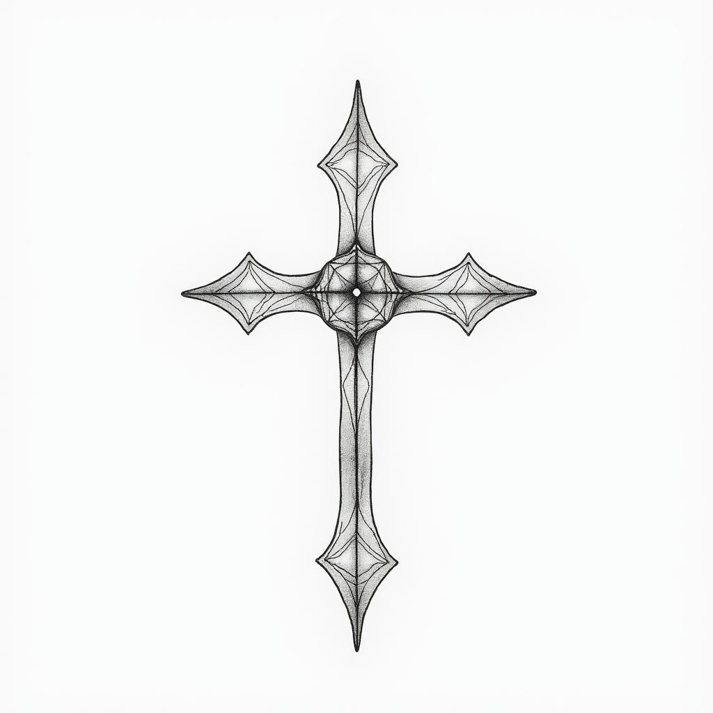 Make a for a Tattoo idea that has The catholic cross at the centre , the Astrology Taurus on the bottom right, the Chinese Astrology Snake on the bottom left and the Yoga Ohm sign on the top of the cross , using fine line technique in minimalist style tattoo, featuring simple shapes and fine lines, with minimal shading and details, tiny triangles, creating a sense of balance and harmony - Variation 6