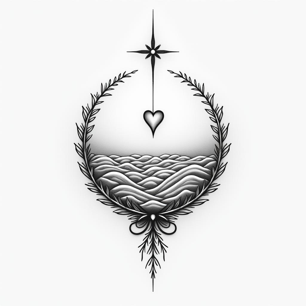 Eliot Betzain Modest style tattoo, featuring soft, delicate line work with simple and meaningful symbols, gentle waves, a heart, evoking a sense of serenity and grace, - Variation 2