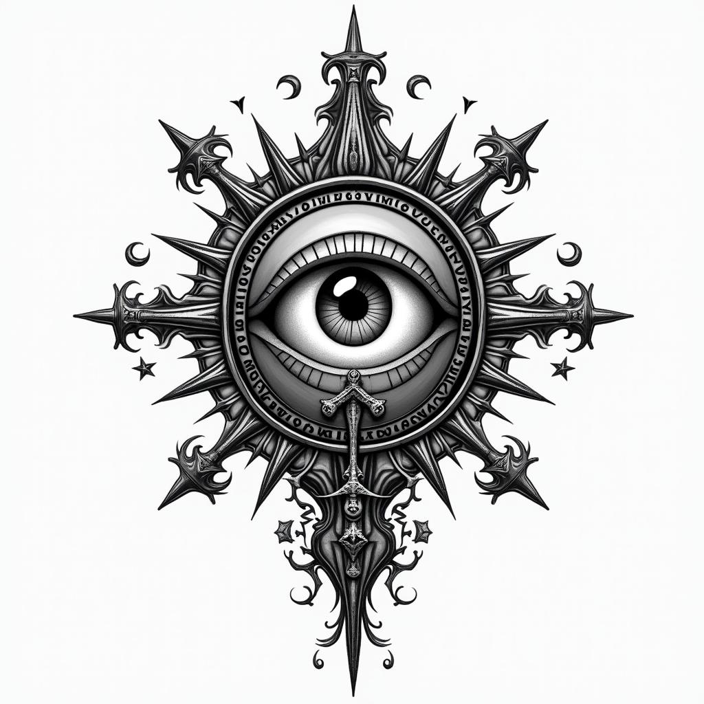 All seeing eye, a clock, the grim reaperin paganic style tattoo, featuring ancient symbols, add vegvisir symbol, mystical figures, incorporating designs, pentagrams, runes, crescent moons,