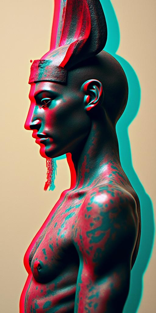 Anubisin distorted and fragmented tattoo design, featuring a classical statue bust, in a glitch art style with vibrant, overlapping colors of cyan, magenta, and yellow, creating a digital distortion effect - Variation 2