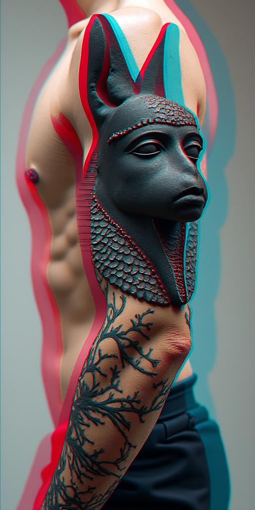 Anubisin distorted and fragmented tattoo design, featuring a classical statue bust, in a glitch art style with vibrant, overlapping colors of cyan, magenta, and yellow, creating a digital distortion effect - Variation 3
