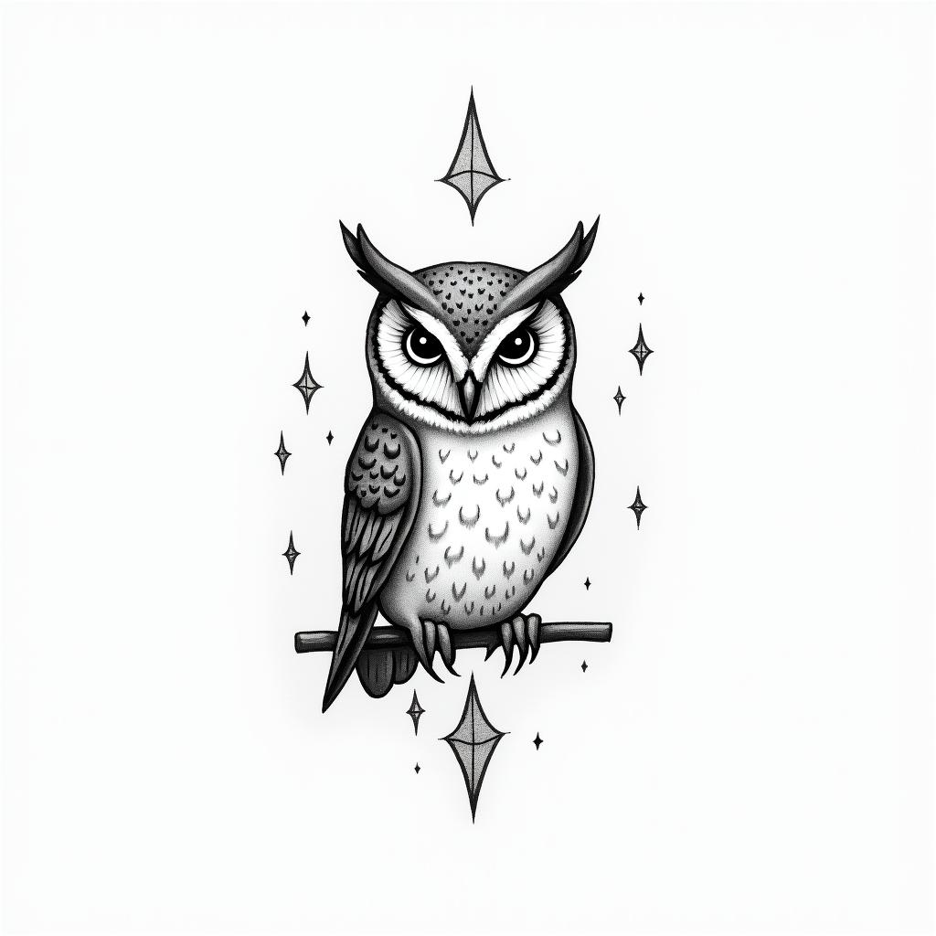 Owlin minimalist style tattoo, featuring simple shapes and fine lines, with minimal shading and details, tiny triangles, creating a sense of balance and harmony - Variation 2