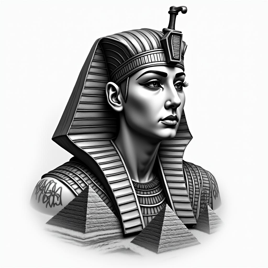 Egyptian with pyramidsin portrait tattoo style, featuring a highly realistic and detailed depiction - Variation 3