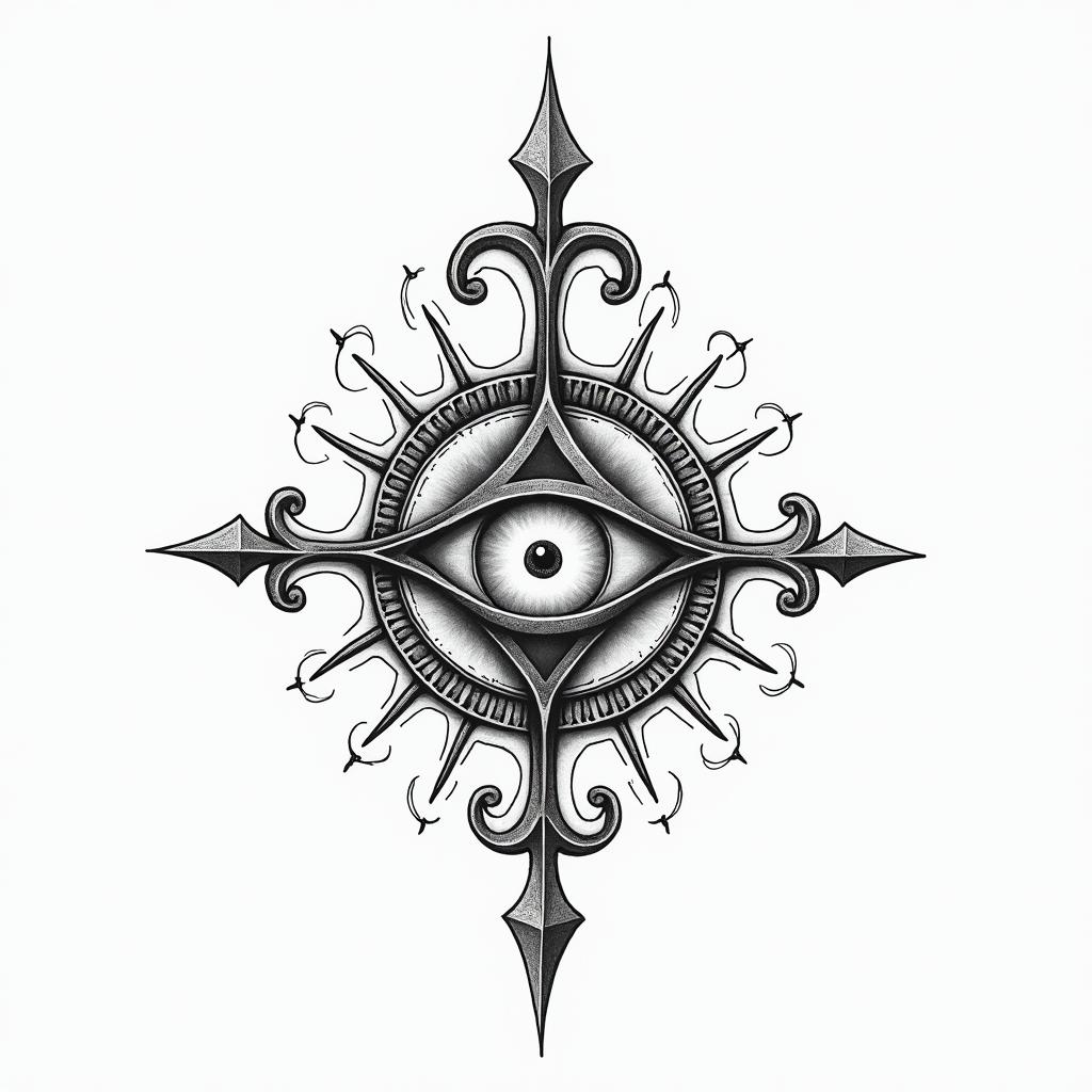 Santería my father my brothersin spiritual symbols tattoo style, featuring an intricate design incorporating elements, Hamsa hand, third eye, minimalist composition - Variation 3