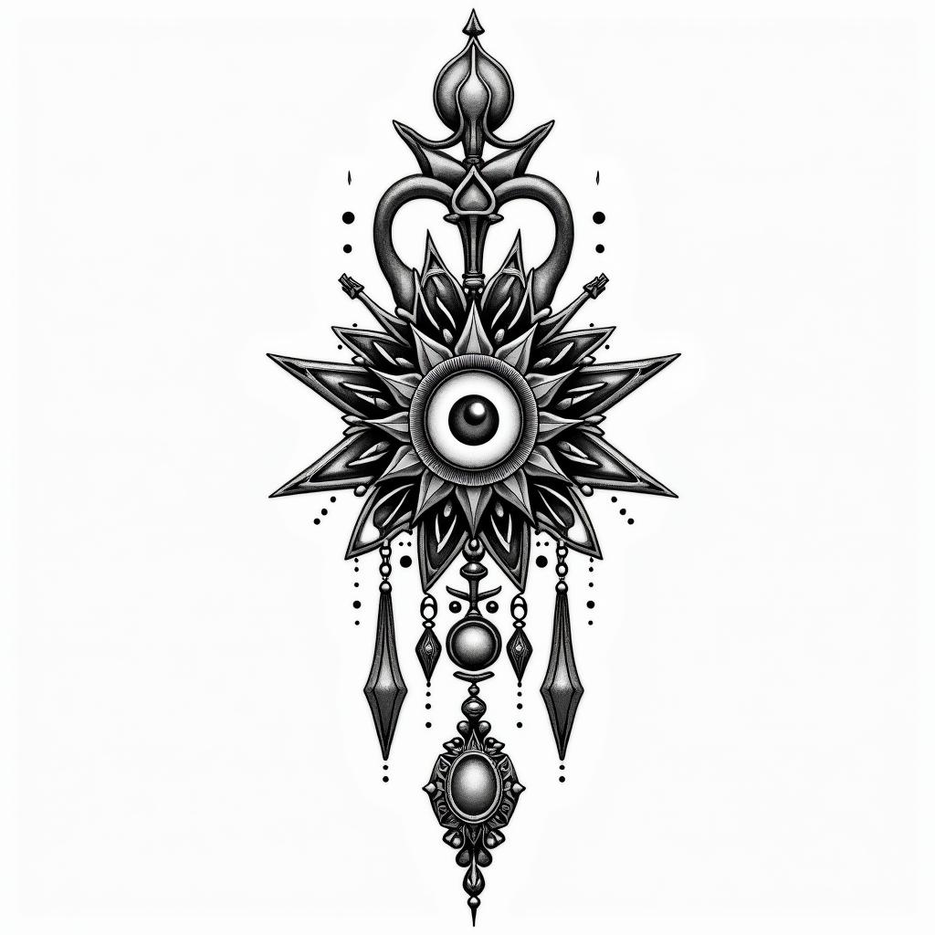 Santería my father my brothersin spiritual symbols tattoo style, featuring an intricate design incorporating elements, Hamsa hand, third eye, minimalist composition - Variation 2