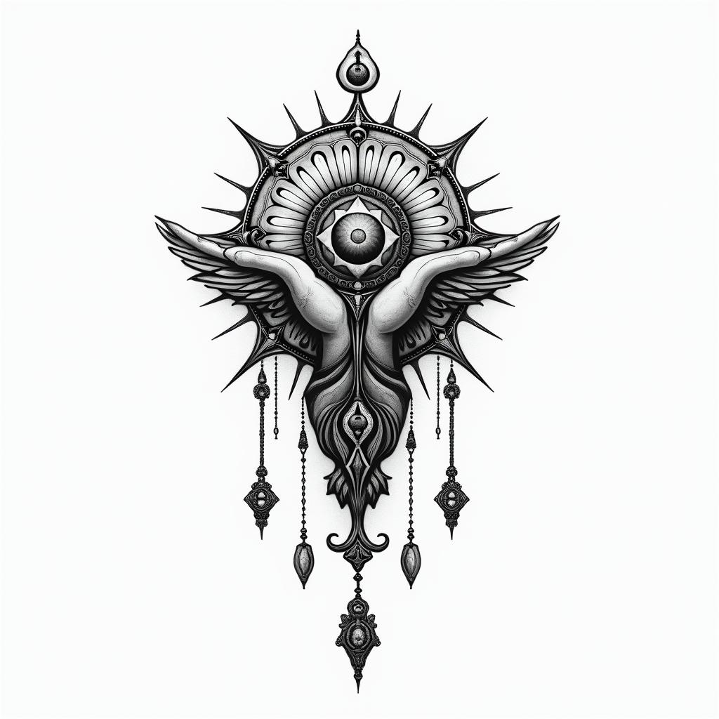 Santería my father my brothersin spiritual symbols tattoo style, featuring an intricate design incorporating elements, Hamsa hand, third eye, minimalist composition - Variation 4