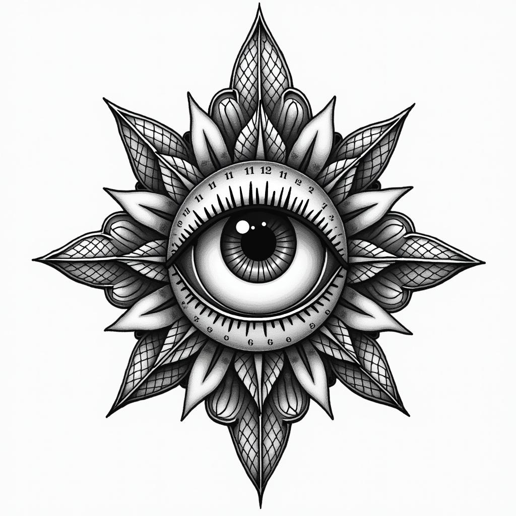 All seeing eye, a clock, the grim reaper in geometric style tattoo, blending hexagons, mandala-inspired patterns, symmetrical and fractal design, clean lines, sharp angles - Variation 2
