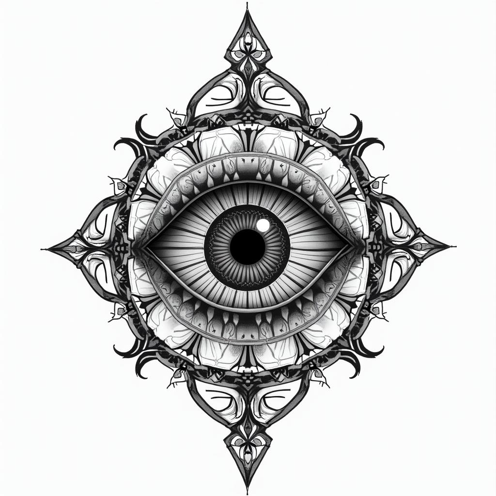 All seeing eye, a clock, the grim reaper in geometric style tattoo, blending hexagons, mandala-inspired patterns, symmetrical and fractal design, clean lines, sharp angles - Variation 3