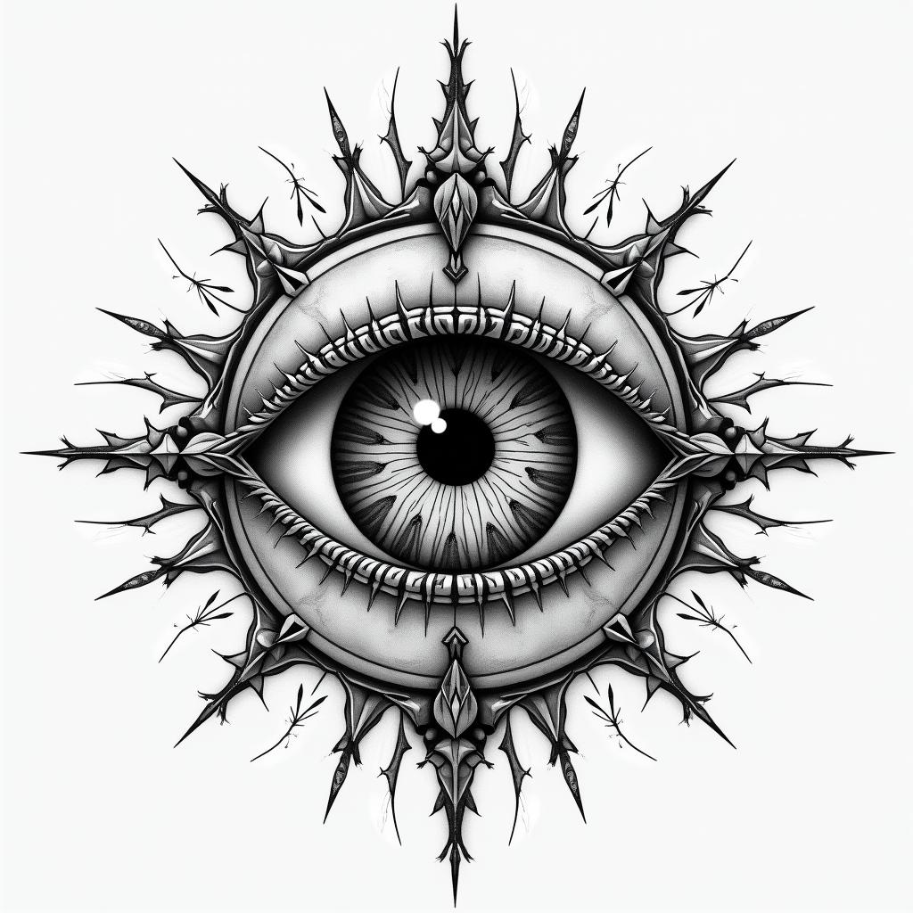 All seeing eye, a clock, the grim reaper in geometric style tattoo, blending hexagons, mandala-inspired patterns, symmetrical and fractal design, clean lines, sharp angles - Variation 4