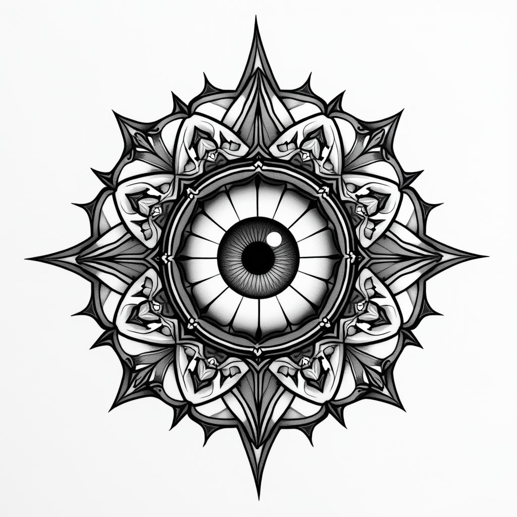 All seeing eye, a clock, the grim reaper in geometric style tattoo, blending hexagons, mandala-inspired patterns, symmetrical and fractal design, clean lines, sharp angles - Variation 1
