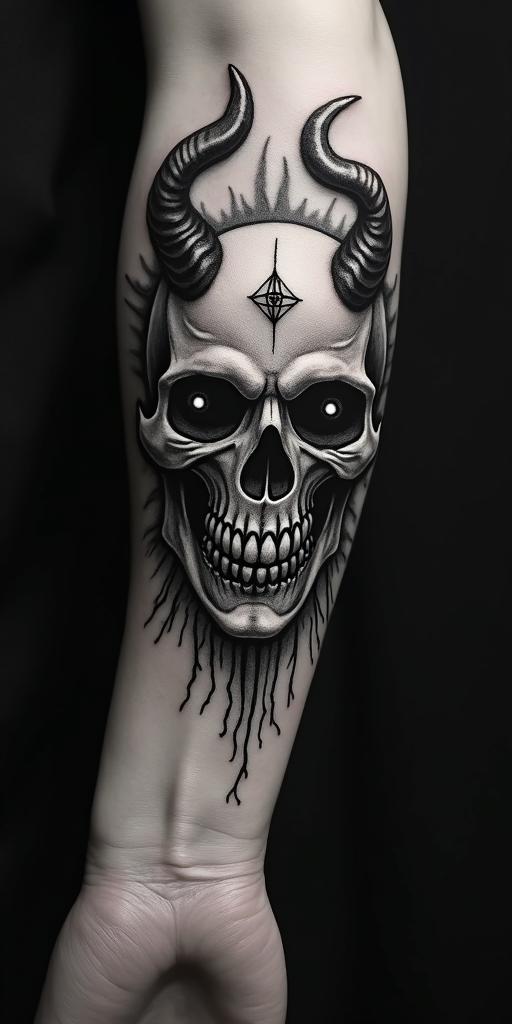 Anubuscreepy horror tattoo style, featuring an eerie and unsettling skull of a demonic creature, distorted face with sharp fangs, add pentagram symbol - Variation 2