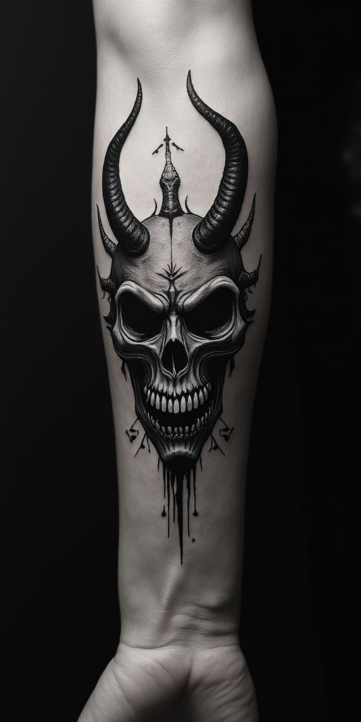 Anubuscreepy horror tattoo style, featuring an eerie and unsettling skull of a demonic creature, distorted face with sharp fangs, add pentagram symbol