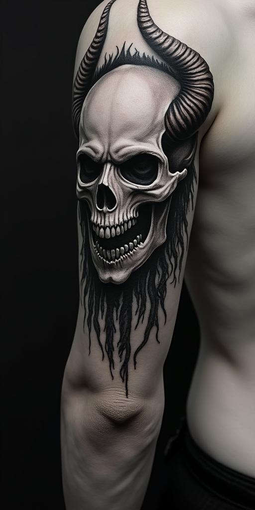 Anubuscreepy horror tattoo style, featuring an eerie and unsettling skull of a demonic creature, distorted face with sharp fangs, add pentagram symbol - Variation 4