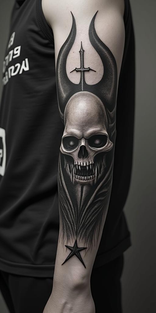 Anubuscreepy horror tattoo style, featuring an eerie and unsettling skull of a demonic creature, distorted face with sharp fangs, add pentagram symbol - Variation 3