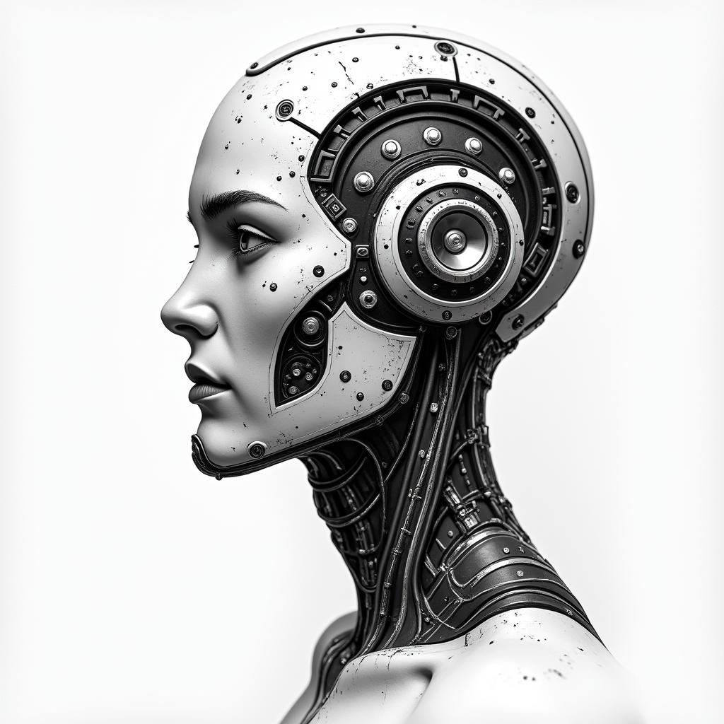 Eliot Betzatattoo in biomechanic style, the tattoo covered by robotic elements of futuristic cyberpunk design, robotic features detail, showcasing intricate mechanical components