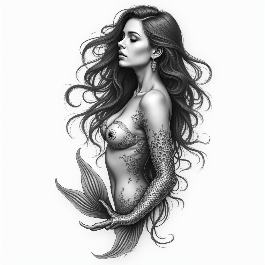 Feminine, pisces energyin realism tattoo style, featuring a highly detailed, lifelike, capturing every detail, photorealistic, ultra realistic, intricate shading, smooth and sharp,  
