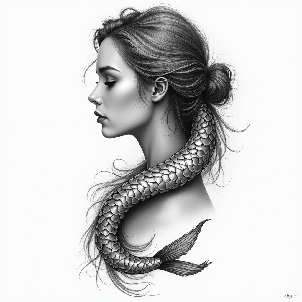 Feminine, pisces energyin realism tattoo style, featuring a highly detailed, lifelike, capturing every detail, photorealistic, ultra realistic, intricate shading, smooth and sharp,   - Variation 2