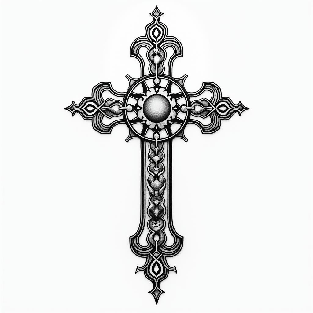 Make a for a Tattoo idea that has   The catholic cross at the centre , the Astrology Taurus on the bottom right, the Chinese Astrology Snake on the bottom left and the Yoga Ohm sign on the top of the cross , using fine line technique  in geometric style tattoo, blending hexagons, mandala-inspired patterns, symmetrical and fractal design, clean lines, sharp angles - Variation 3