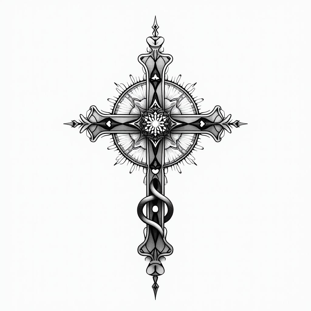 Make a for a Tattoo idea that has   The catholic cross at the centre , the Astrology Taurus on the bottom right, the Chinese Astrology Snake on the bottom left and the Yoga Ohm sign on the top of the cross , using fine line technique  in geometric style tattoo, blending hexagons, mandala-inspired patterns, symmetrical and fractal design, clean lines, sharp angles - Variation 2