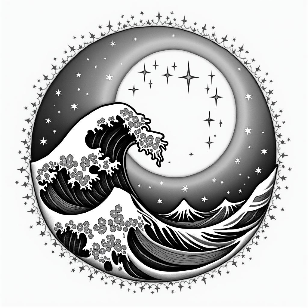 Full moon, stars, powerful wave, sun all in a broken circlein authentic tattoo style, incorporating traditional modifications, bold black outlines, solid color fills, featuring classic authentic elements - Variation 3