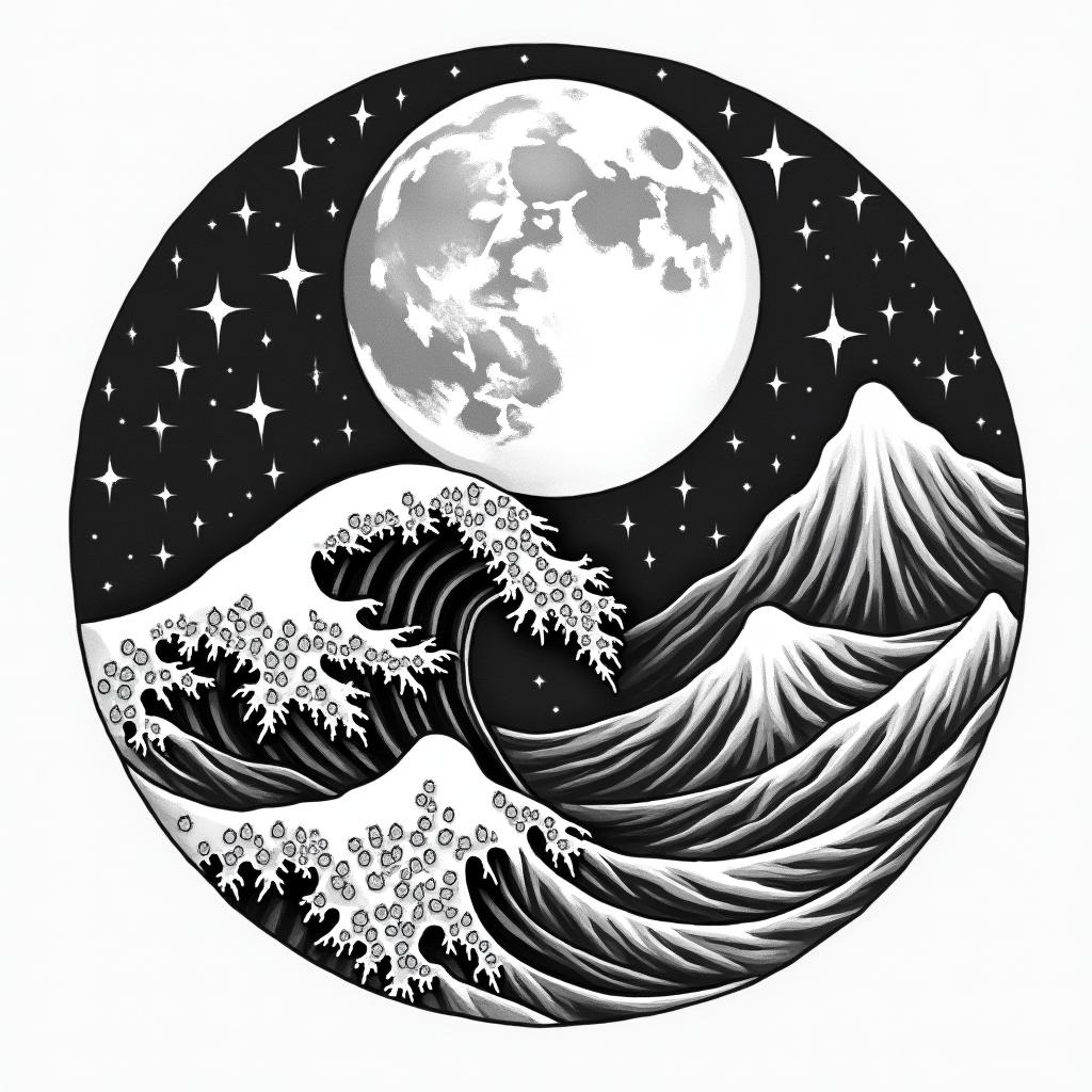 Full moon, stars, powerful wave, sun all in a broken circlein authentic tattoo style, incorporating traditional modifications, bold black outlines, solid color fills, featuring classic authentic elements - Variation 4