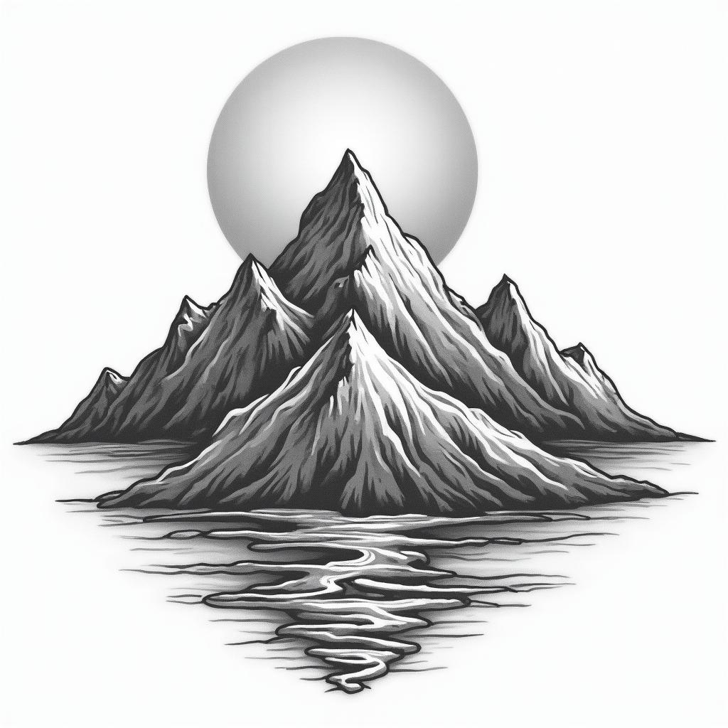 Mountain range with a rising sunhigly detailed tattoo - Variation 20